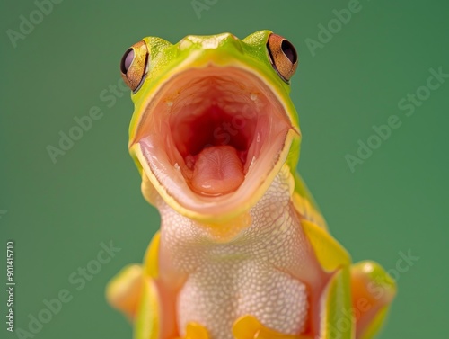 Medium shot of Colorful photo of frog with wide opened mouth, themed background, bright tonality.  