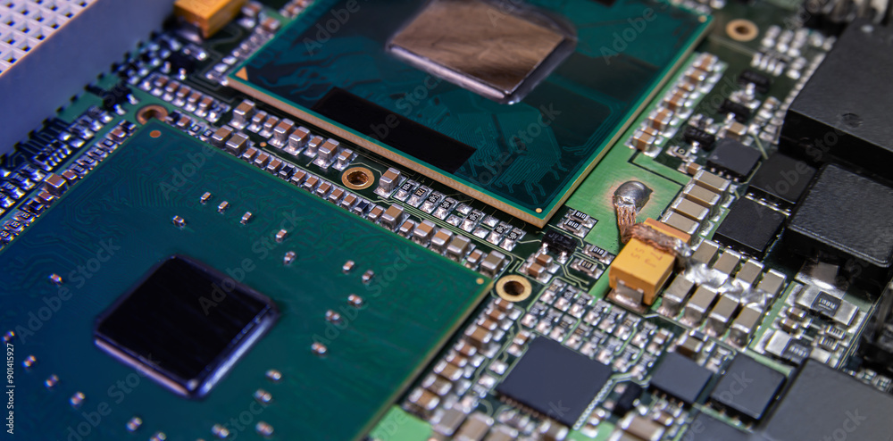 Detailed closeup of an electronic circuit board showcasing microchips, resistors, and other components, representing modern technology and hardware. Detailed closeup of an electronic circuit board showcasing microchips, resistors, and other components, representing modern technology and hardware.