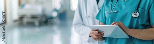 Doctor and nurse examining patient s medical records on tablet, detailed hospital office scene, advanced healthcare technology