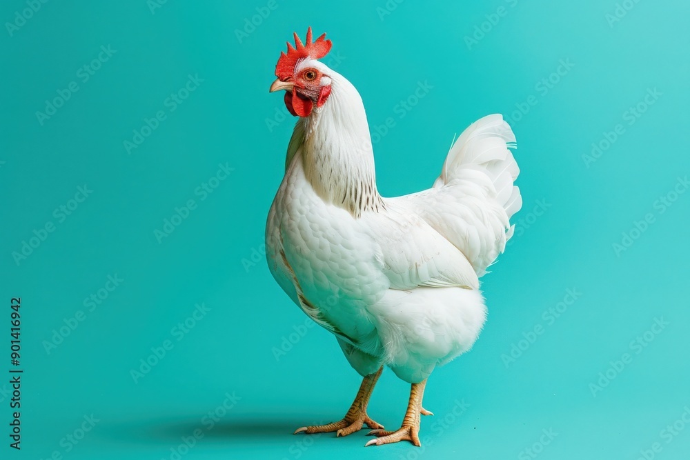 Fototapeta premium A white chicken stands confidently, showcasing its elegant features and striking red comb against a bright turquoise background.