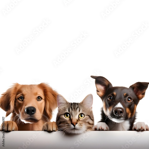 cute different dogs and cats peeking on isolated white background 