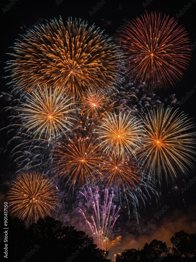 Explosive fireworks light up night sky, creating dazzling display of vibrant colors. Bright oranges, reds, yellows burst forth, cascading like weeping willows. Explosive fireworks light up night sky, creating dazzling display of vibrant colors. Bright oranges, reds, yellows burst forth, cascading like weeping willows.