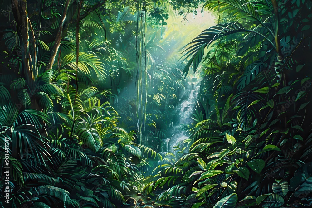 Lush Green Rainforest Waterfall in Dense Jungle with Exotic Plants and Trees Lush Green Rainforest Waterfall in Dense Jungle with Exotic Plants and Trees