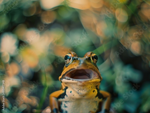 Medium shot of Colorful photo of frog with wide opened mouth, themed background, bright tonality.  