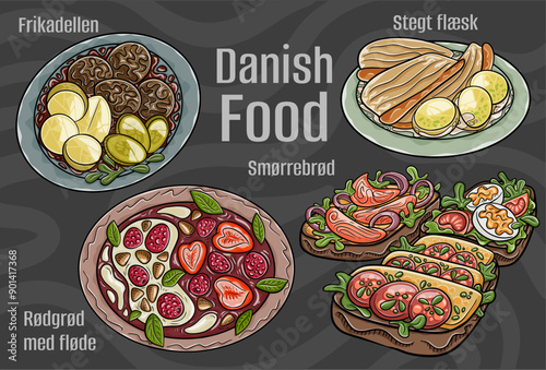 Popular Danish Traditional Cuisine Set. Hand-drawn vector illustration on a dark background.
