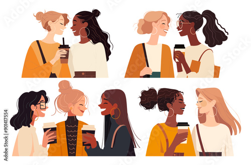 Happy girls drinking coffee. Young woman female friends drink hot espresso or tea in mug, black lady morning break cartoon vector illustration