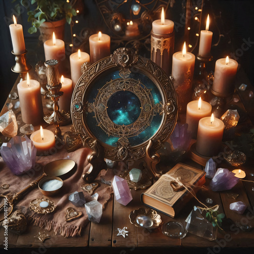 Enchanting Scrying Mirror Setup with Candles on Wooden Table Surrounded by Crystals for Mystical and Magical Decor
 photo