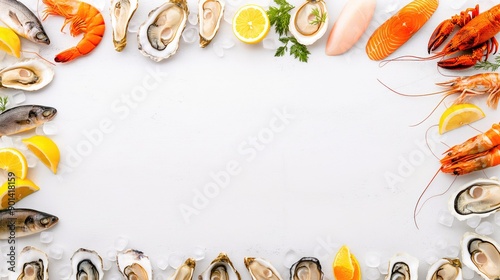 Fresh Seafood Variety on Ice. Gourmet Selection of Oysters, Shrimp, Salmon, and Fish on a White Stone Background photo