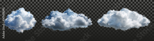 Three clouds in the sky with a blue sky background. The clouds are fluffy and white