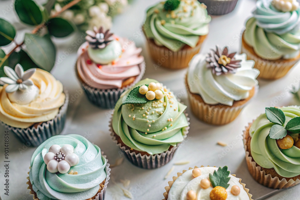 Elegant Cupcake and Rose Arrangement, Hand-Decorated Cupcakes, Transparent Background