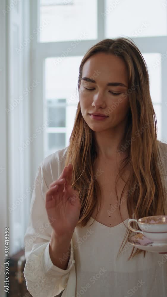 Relaxed girl walking at morning vertical closeup. Woman sipping coffee at home Relaxed girl walking at morning vertical closeup. Woman sipping coffee at home