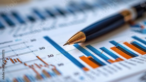 Close-up of financial graphs and charts with a pen, indicating business analysis and data review in a professional setting.