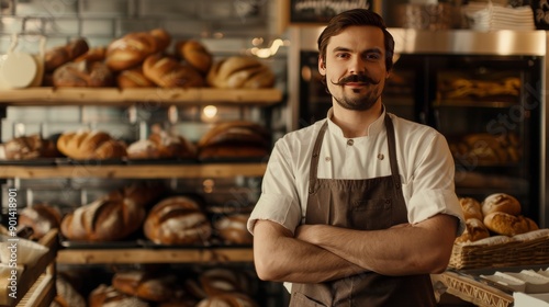 Handsome baker poses in bakery with breads and oven in the background. 