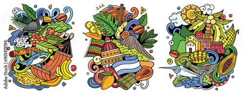 Nicaragua cartoon vector doodle designs set. detailed compositions with lot of Nicaraguan objects and symbols. Isolated on white illustrations