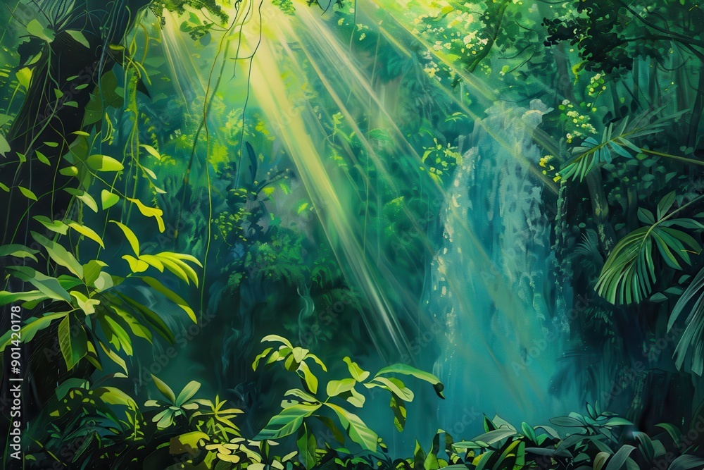 Lush Green Jungle Waterfall Clearing With Sunlight Rays Lush Green Jungle Waterfall Clearing With Sunlight Rays
