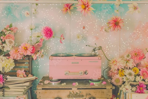 Vintage record player with floral decor and whimsical atmosphere