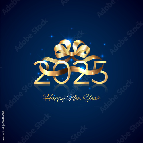 Happy New Year 2025, 25. Shiny golden 2025 with ribbon bow on blue background. Holiday greeting card. New Year design for invitation, calendar, greeting card. Gold logo. Party event decoration. Vector