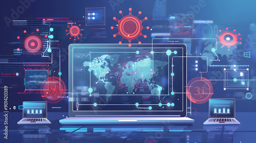 infographic charts analysis of corporate laptop antivirus or phishing malware attach detection and cleanup software. Generative Ai.