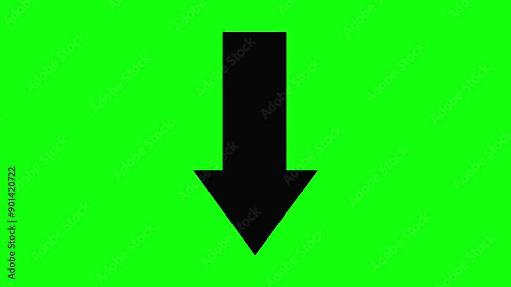 Black arrow pointing down on green screen background chroma key, 3d animation Black arrow pointing down on green screen background chroma key, 3d animation