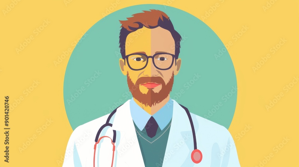 A modern doctor portrait featuring a bearded male practitioner wearing glasses, a white coat, and a stethoscope against a bright background. A modern doctor portrait featuring a bearded male practitioner wearing glasses, a white coat, and a stethoscope against a bright background.