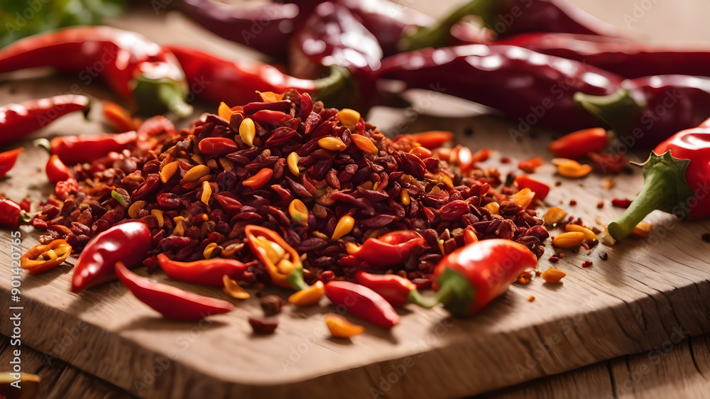 Red chili peppers on wooden background. Generative AI Red chili peppers on wooden background. Generative AI