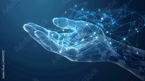 Integration data system. System Integration technology concept in wireframe hand. Industrial and smart technology. Generative Ai.