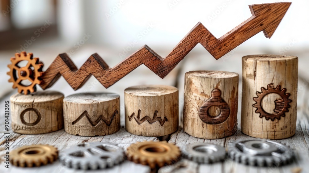 Wooden Blocks with Upward Arrow Symbolizing Growth and Progress in Business and Finance Wooden Blocks with Upward Arrow Symbolizing Growth and Progress in Business and Finance
