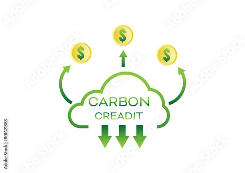 Carbon credit concept. Green cloud shape with carbon change to money. Sustainability ecology environment. Greenhouse gases regulation.