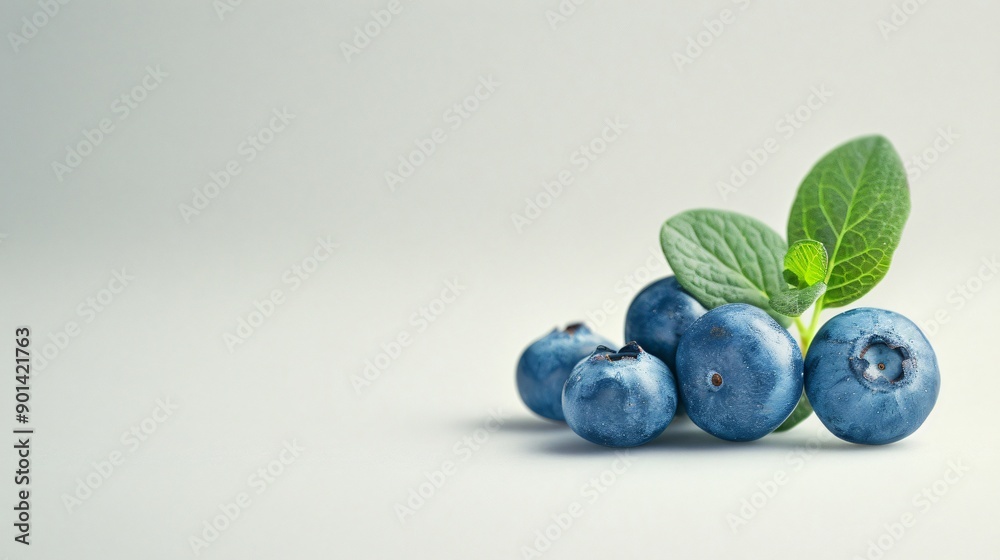 Close up of ripe blueberries with leaves on white background Close up of ripe blueberries with leaves on white background