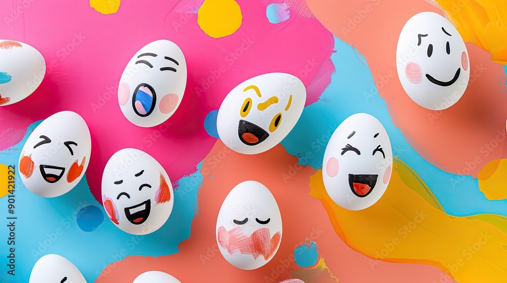 Eggs decorated with cute expressions, arranged on a colorful abstract background that enhances their playful and endearing appearance. Eggs decorated with cute expressions, arranged on a colorful abstract background that enhances their playful and endearing appearance.
