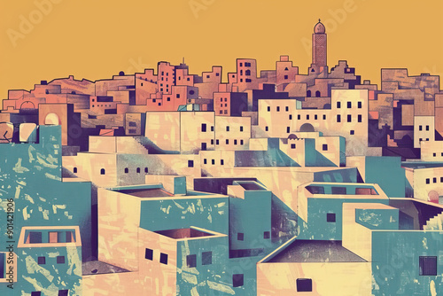 Risograph halftone riso print travel poster, card, wallpaper or banner illustration, modern, isolated, clear, simple of Nalut, Libya. Texture, backdrop, screen printing, stencil photo