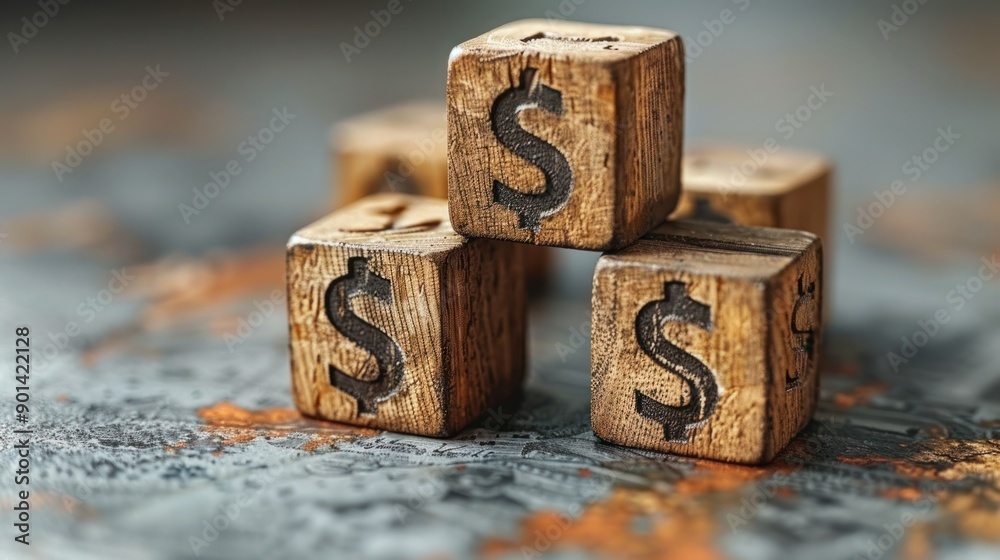 Wooden Blocks with Dollar Signs Representing Financial Growth and Investment on a Blurred Background Wooden Blocks with Dollar Signs Representing Financial Growth and Investment on a Blurred Background