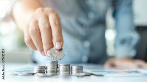 Hand stacking coins in increasing height, concept of saving money, investment and financial growth, shallow depth of field.