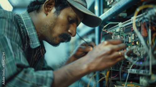 indian Electrician fixing a circuit board, focused, precise, meticulous, industrial, safety