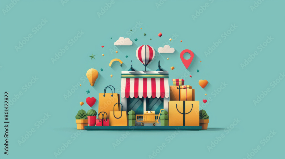 Illustration of a small store surrounded by shopping bags, gifts, and online shopping icons on a teal background. Illustration of a small store surrounded by shopping bags, gifts, and online shopping icons on a teal background.
