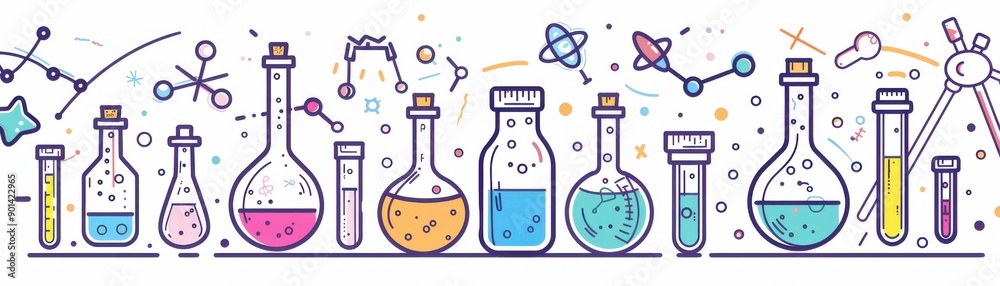 Colorful chemical lab equipment with various liquids indicating scientific research and experimentation. Colorful chemical lab equipment with various liquids indicating scientific research and experimentation.