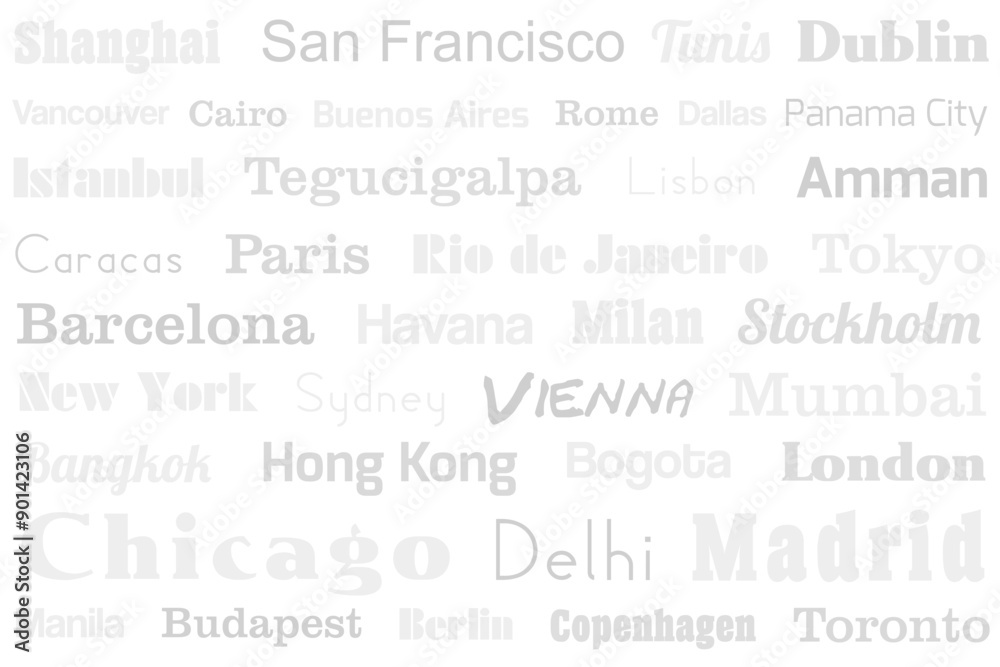 Travel background graphic design. City name words grey white typography pattern for a rectangular product. Travel background graphic design. City name words grey white typography pattern for a rectangular product.