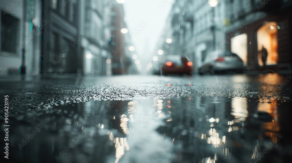 Obraz premium Rainy city street with buildings and cars, reflections on the wet road surface captured in a blur for a peaceful urban ambiance.