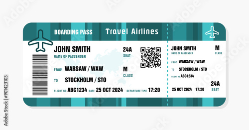 Ticket to Stockholm, Sweden. Boarding pass template with generic data. Travel flight ticket vector illustration with QR code.