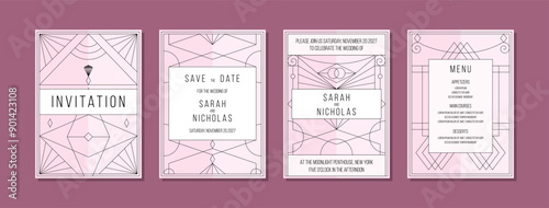 Pink wedding invitation collection. Art deco geometric style wedding invite set. 1920, 1930, 1940 urban art design.