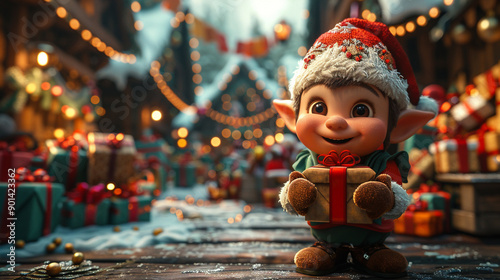 A cartoon elf holding a box of presents