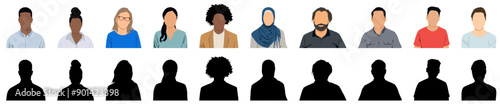 Vector set of diversity men and women detailed silhouette isolated on white background. Vector Illustration.