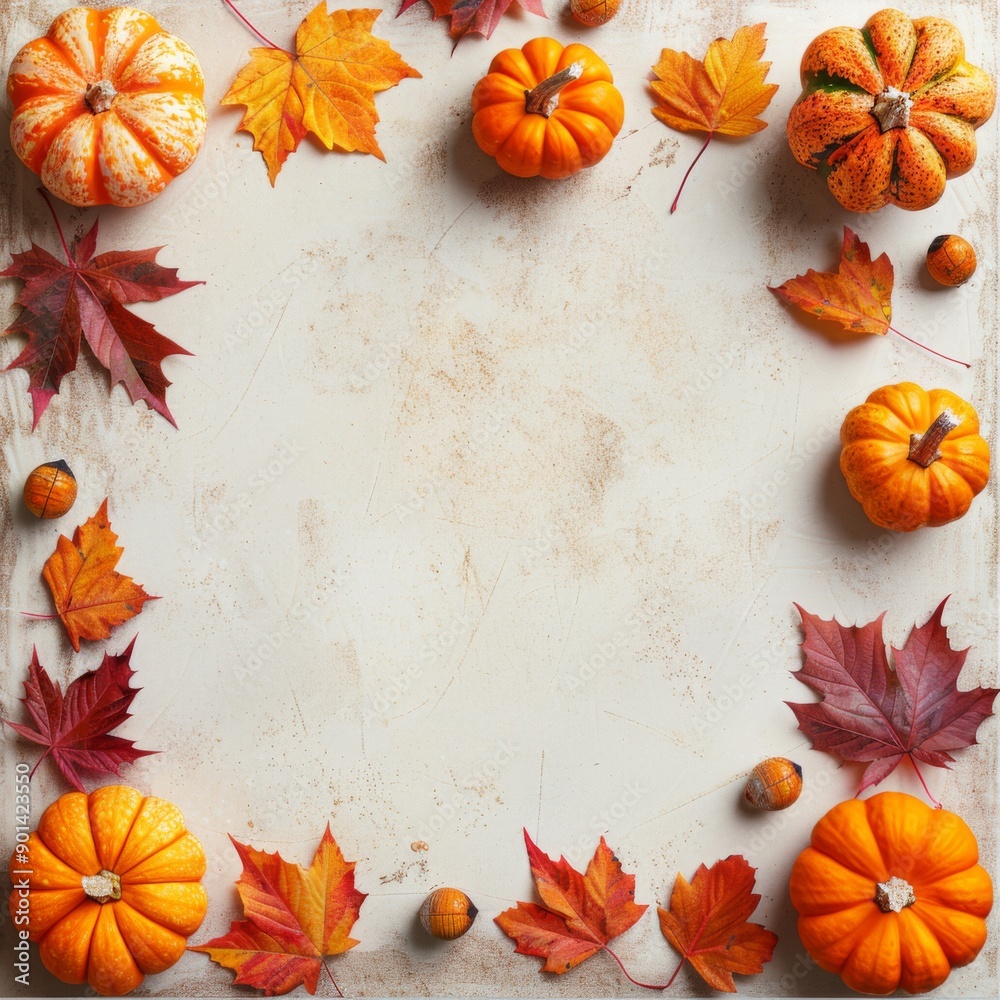 Fototapeta premium Autumn background with pumpkins and colorful leaves arranged in a border on a light surface.