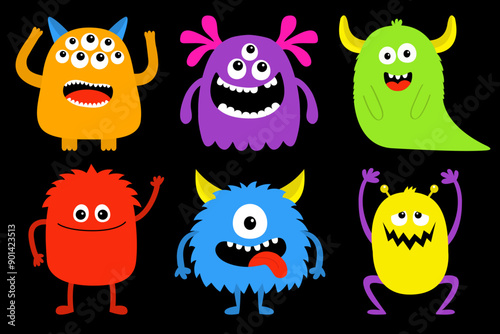 Monster set. Happy Halloween. Cute cartoon kawaii funny baby character icon. Colorful silhouette. Horns, fang teeth, eyes. Sticker print. Childish style. Flat design. Black background. Isolated Vector