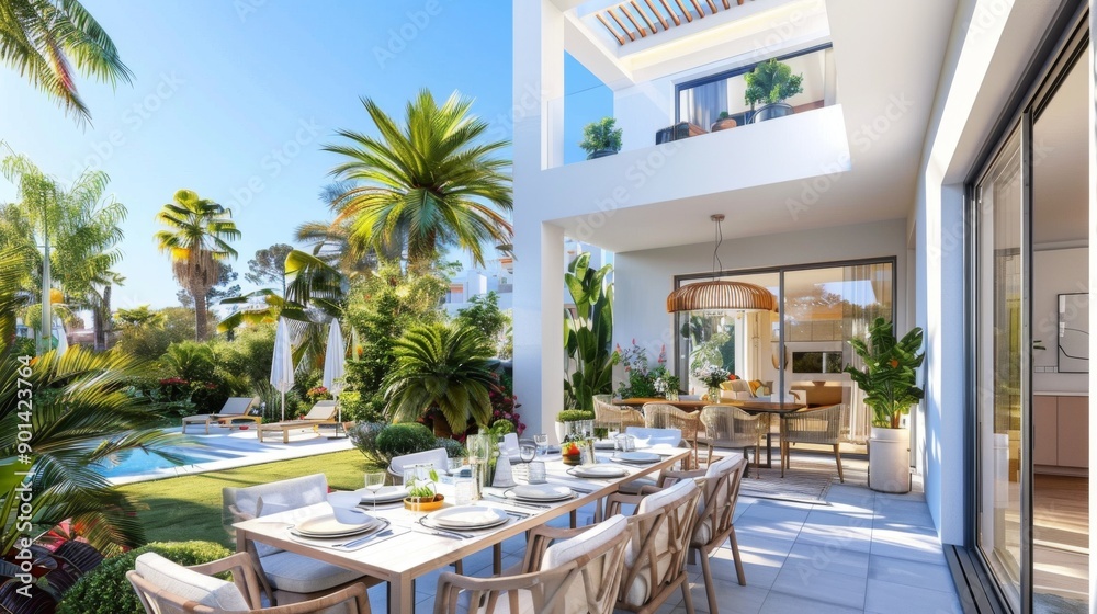 Fototapeta premium Luxurious outdoor dining setup at a modern villa with palm trees and a pool, perfect for a tropical retreat or holiday getaway.
