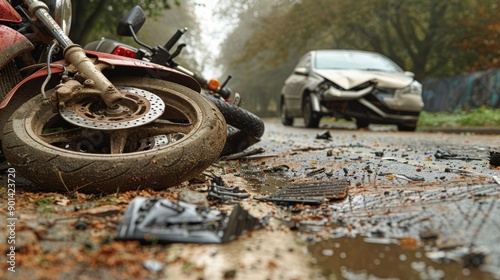 A damaged motorcycle lying on the road