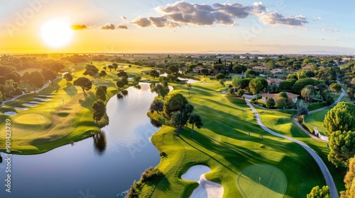 Aerial view of a scenic golf course at sunrise with lush green landscape, water features, and vibrant sunrise sky.