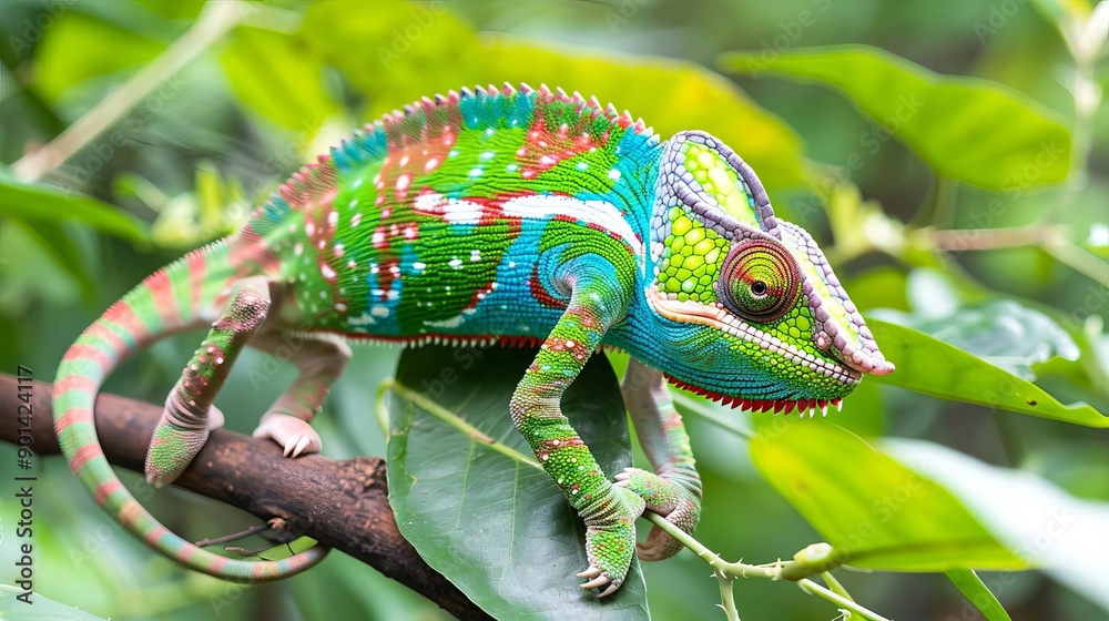 Camouflaged chameleons blending into the dense forest foliage, rare species in dense forests, hidden wildlife Camouflaged chameleons blending into the dense forest foliage, rare species in dense forests, hidden wildlife