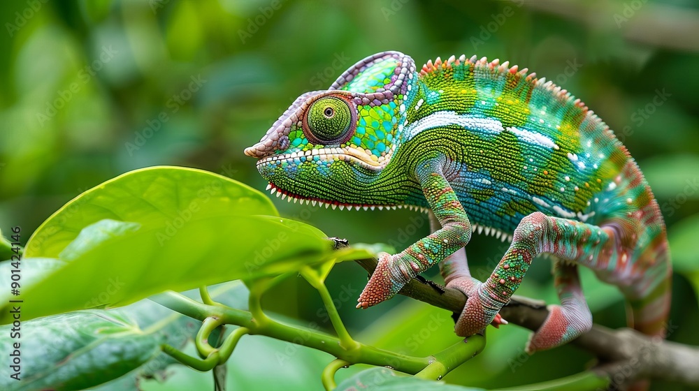 Fototapeta premium Camouflaged chameleons blending into the dense forest foliage, rare species in dense forests, hidden wildlife