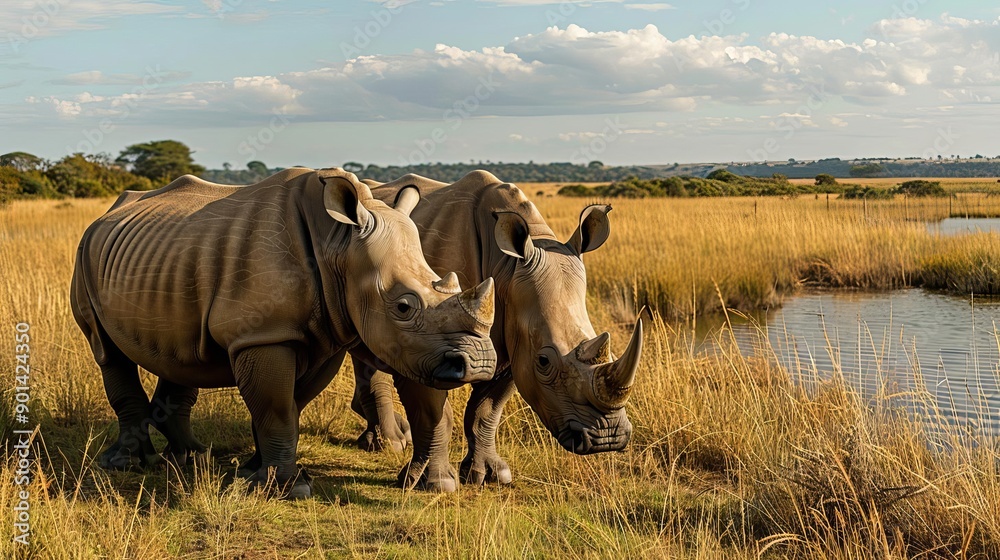 Obraz premium Close-up shots of endangered rhinos in their natural habitat, endangered species conservation photography, wildlife preservation